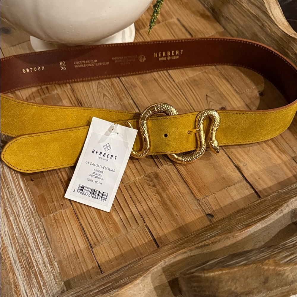 Mustard Suede Belt with Gold Snake Buckle